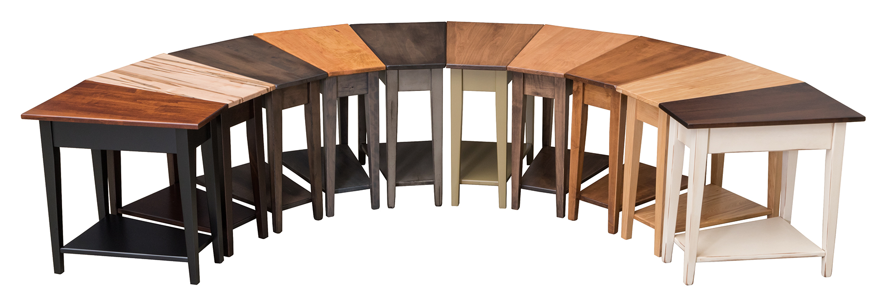 Shaker wedge accent tables showing two-tone stain combinations