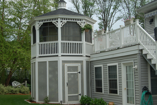 Screened-in gazebo built in to second-story deck